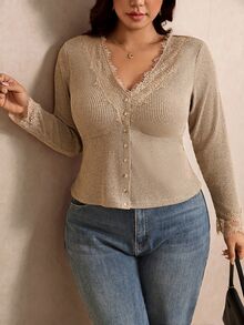 Elaquor Plus Size Autumn Casual Solid Color Front Button T-Shirt Fall - Brown - View 3