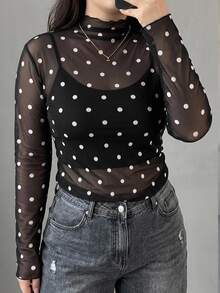 Dazy Plus Atasan Jala Pas Badan Motif Polkadot Kulit Ukuran Plus - Hitam - View 7