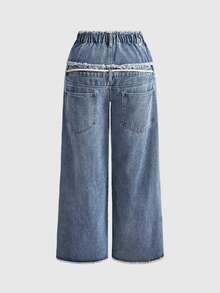 ROMWE Street Life Plus Size Women Streetwear Double Waistband PUNK Star Patchwork Denim Wide Leg Pants - Blue - View 2