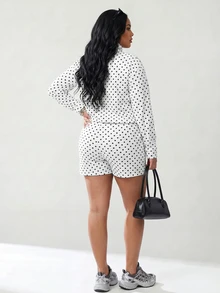 Solavibe Plus Size Women Polka Dot Long Sleeve Jacket And Shorts Casual 2 Pieces Set - Apricot - View 2