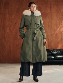 Anewsta Women's Pockets Waist Belt Design Long Sleeve Zipper Front Fur Collar Hooded Long Casual Winter Jack - Army Green - View 5