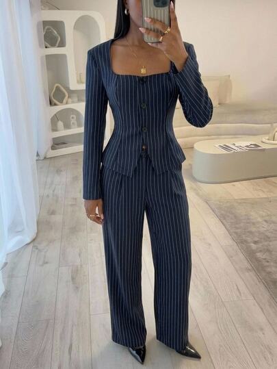 Aloruh Women's Fashion Commuter Striped Blazer & Pants Suit Set