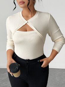 Elenzga Kaos Wanita Ukuran Besar Warna Polos dengan Desain Potongan Lengan Panjang Bergaris Slim Fit untuk Musim Gugur - Aprikot - View 5