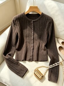 SHEIN Franclia French Henley Neck Vertical Rib Fitted Knit Cardigan, 1/14NM Baihua Fleece Soft Slim Cropped Sweater - Coffee Brown - View 2