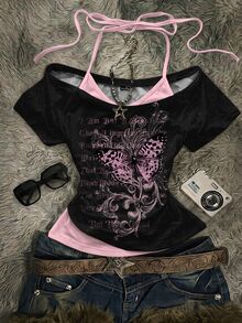 Attitoon Casual Minimalist Butterfly Print Women's 2 In 1 T-Shirt - Multicolor - View 1