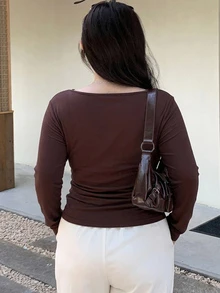 Dazy Plus 拼色細肩帶背心與長袖休閒優雅層次穿搭兩件組 春/秋新款 T-shirt - 棕色 - 查看 3