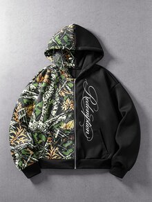 ROMWE MEN Street Life Men's Printed Patchwork Hoodie - Black - View 1