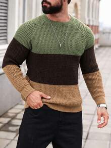 Manfinity Homme 男士拼色插肩袖長袖圓領針織衫 - 棕色 - 查看 5