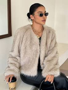 Dazy Plus Solid Color V-Neck Thick Elegant Autumn/Winter New Faux Fur Coat - Apricot - View 4