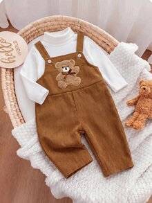 SHEIN 女嬰秋冬休閒熊刺繡連身衣 - 棕色 - 查看 5