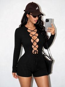 BamGleam Black Ribbed Long Sleeve Knit Romper With Hollow Out Tie Front, Slim Fit Elastic Bodycon Jumpsuit - Black - View 1
