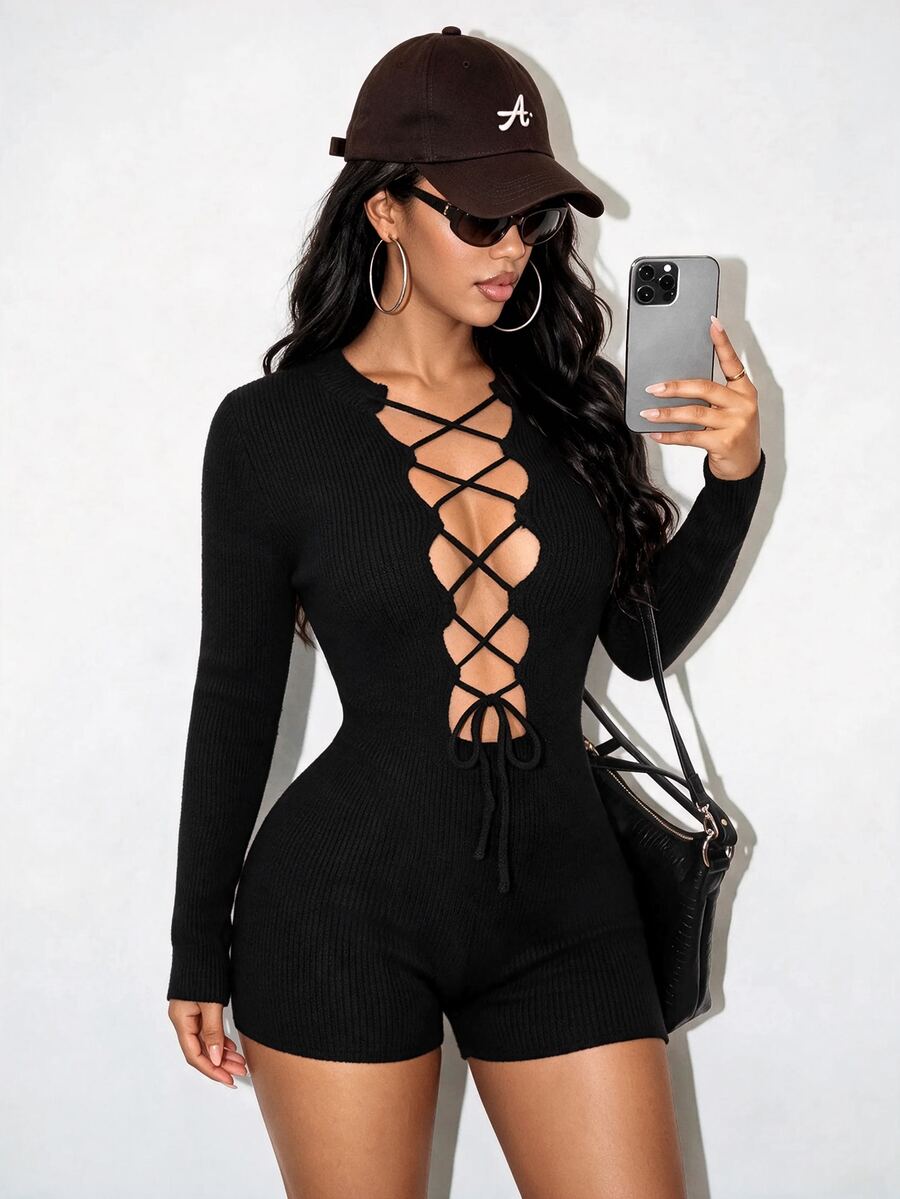 BamGleam Black Ribbed Long Sleeve Knit Romper With Hollow Out Tie Front, Slim Fit Elastic Bodycon Jumpsuit - Black - View 1