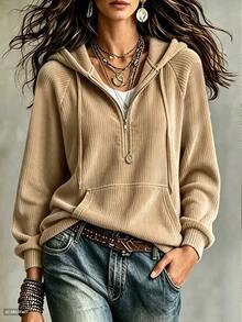 EMERY ROSE Women's Solid Color Raglan Long Sleeve Zip-Up Half Placket Pocket Casual Sweatshirt - Khaki - View 4