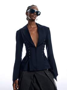LYSMO Women's Solid Color Lapel NeckEyelet Lace-Up Design Fashion Blazer - Navy Blue - View 5