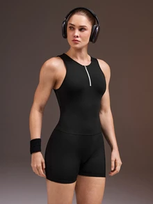 Powerista Women's Black Wide Strap Short Leg Backless Round Neck Zipper Half-Open Front Fitted Jumpsuit - Black - View 5