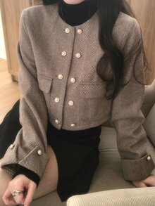 DAZY Brown Herringbone Round Neck Pearl Double-Breasted Short Fitted Long Sleeve Vintage Elegant Tweed Jacket Fall - Khaki - View 6