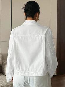 Dazy Plus Autumn Lapel Long Sleeve Button-Up Solid White Short Loose Denim Jacket - White - View 2