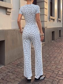 SHEIN PariChic Women's Polka Dot Print Short Sleeve T-Shirt And Long Pants Sports Set - Blue - View 2