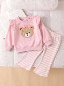 SHEIN Playful Pals 2件組女嬰運動衫喇叭褲套裝，甜美可愛粉白熊貼布蝴蝶結荷葉邊條紋長袖圓領休閒連身褲，生日秋季假期穿搭 - 粉色 - 查看 1