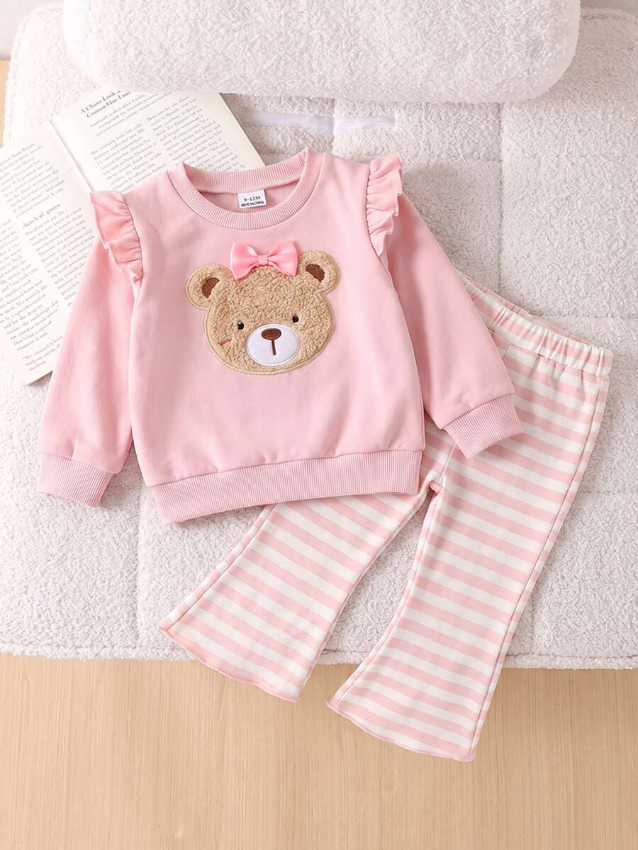 SHEIN Playful Pals 2件組女嬰運動衫喇叭褲套裝,甜美可愛粉白熊貼布蝴蝶結荷葉邊條紋長袖圓領休閒連身褲,生日秋季假期穿搭 - 粉色 - 查看 1