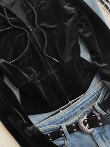 SHEIN EZwear 休閒極簡風女款天鵝絨修身短版運動衫 - 黑色 - 查看 3