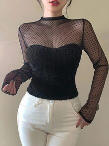 DAZY 春秋夏季波點透視網紗拼接女款長袖性感上衣，適合派對與婚禮穿著 - 黑色 - 查看 6