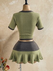 Soleia Sweater Lengan Pendek Motif Angka Hijau dan Putih untuk Sehari-hari di Sekolah, Musim Gugur, Gaya Preppy Streetwear - MultiWarna - View 2