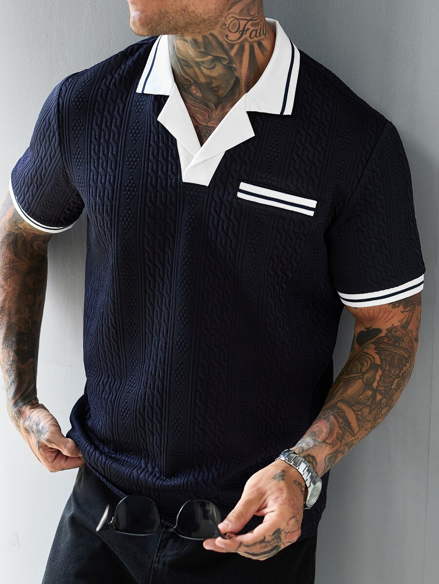 Manfinity CasualCool 男士夏季休閒拼色拼接 Polo 衫 - 藏蓝色 - 查看 1