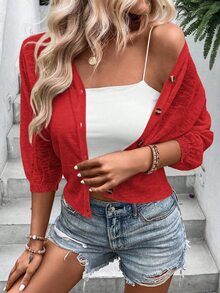 SHEIN Holidaya 休閒百搭純色短版開襟針織外套 - 紅色 - 查看 5