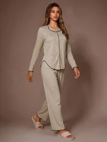 SHEIN Women's Casual Knit Ruffle Hem Asymmetrical Bottom Button Loungewear Pajama Set - Apricot - View 3