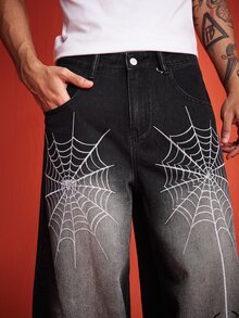 ROMWE MEN Street Life Men's Spider Pattern Casual Daily Wear Jeans - Black - View 2