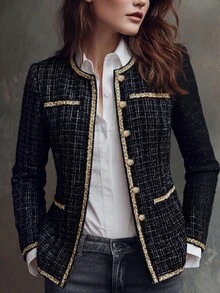 LUMIGAL Women's Autumn/Winter Long Sleeve Colorblock Patchwork Lace Trim Tweed Fashion Elegant Jacket - Black - View 8