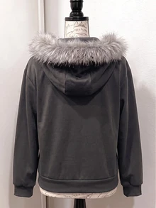 SHEIN Sparklyn 女童街頭風翅膀印花拉鍊連帽外套，抓絨，秋季休閒仿皮草飾邊夾克 - 深灰色 - 查看 2