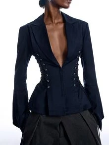 LYSMO Women's Solid Color Lapel NeckEyelet Lace-Up Design Fashion Blazer - Navy Blue - View 7
