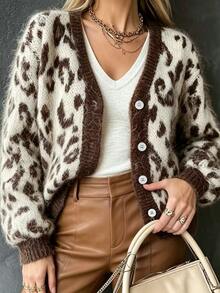 SHEIN Jaket Rajut Pendek Longgar Wanita Model V-Neck Jacquard Motif Leopard Vintage untuk Musim Gugur/Dingin - Putih - View 1