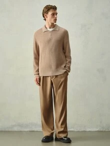 RONVEXI 男士休閒百搭純色毛衣，秋冬款 - 駝色 - 查看 6