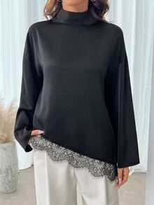 Balvessa Blus Lengan Panjang Wanita Elegan Warna Polos dengan Hiasan Renda dan Patchwork - Hitam - View 7