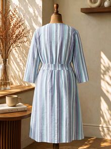 Rusticease Plus Size Women's Contrast Lace Striped Waist Shirred Casual Dress - Multicolor - View 2
