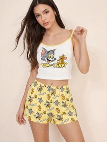 TOM & JERRY X SHEIN طقم بيجامة نسائي بطبعة كرتونية مكون من توب كاميسول وشورت - أصفر - مشاهدة 5