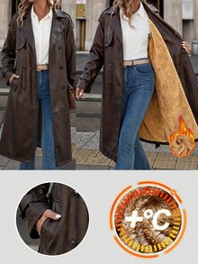 SHEIN Clasi 女款純色保暖內裡時尚百搭風衣 - 卡其色 - 查看 1