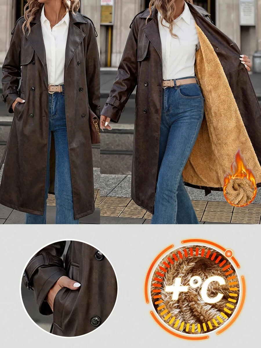 SHEIN Clasi 女款純色保暖內裡時尚百搭風衣 - 卡其色 - 查看 1