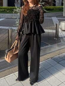 FRIFUL Women's Autumn Solid Color Contrast Mesh & Fur Fabric Long Pants 2 Pieces Set - Black - View 1