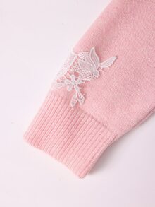 Easura Plus Size Gentle Style Lace Patchwork V-Neck Cardigan Winter - Pink - View 5