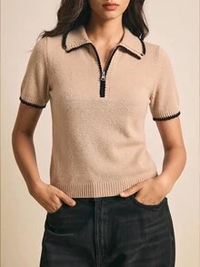 Poéselle 女款休閒日常拉鍊半開襟短袖針織上衣 - 卡其色 - 查看 7