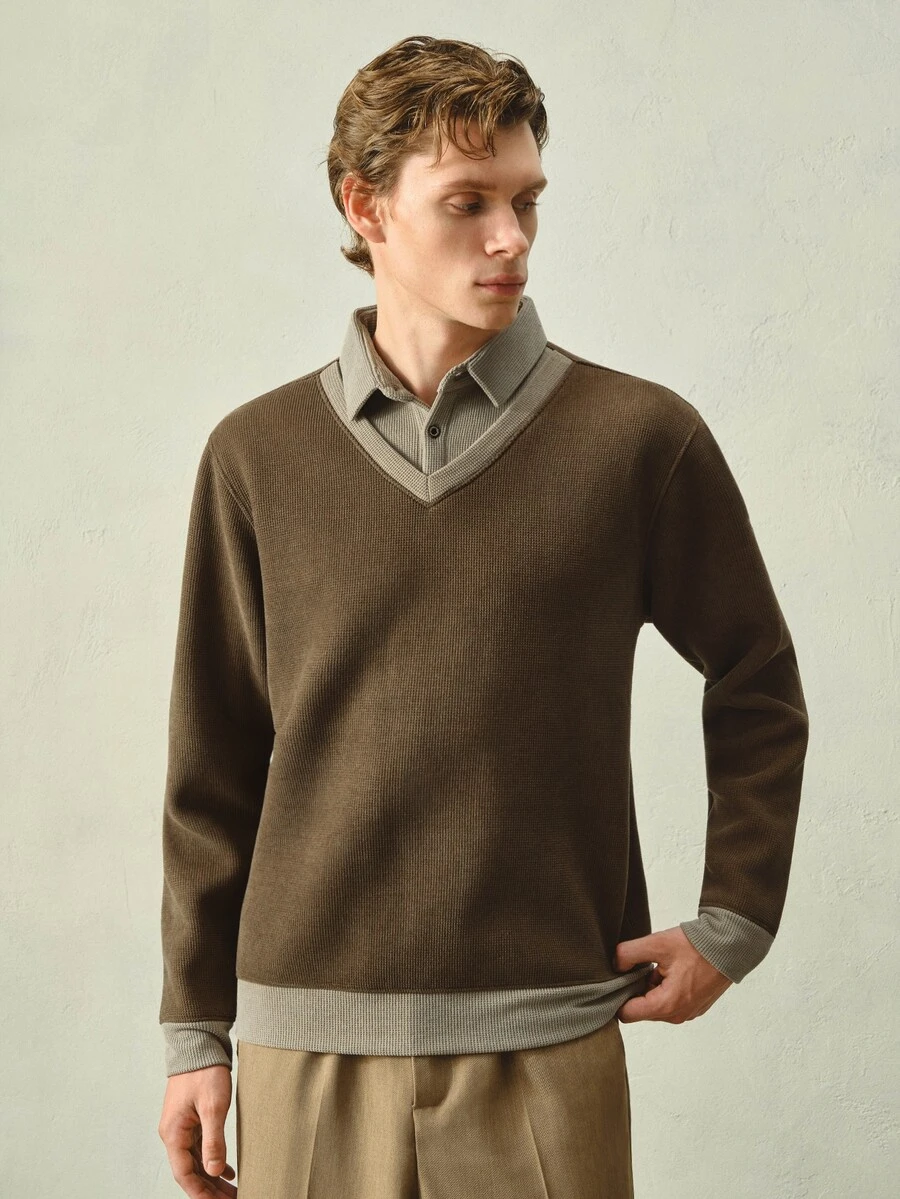 RONVEXI Men's Autumn/Winter 2 In 1 Pullover Knit Sweater - Dark Grey - View 1