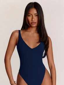 SHEIN BAE Women's Solid Color Casual Tank Top Bodysuit - Navy Blue - View 7