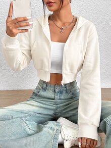 SHEIN PETITE Y2K 拉鍊短版連帽衛衣 秋冬款 - 米色 - 查看 7