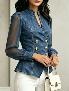 Balvessa Women's Double-Breasted Denim Effect Mesh Long Sleeve Elegant Blouse - Blue - View 3