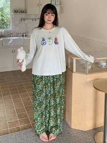 Dazy Plus Cute Printed Pattern Loose Top & Vintage Floral Long Pants 2-Piece Set, Spring/Autumn New Pajama Set - Light Grey - View 6