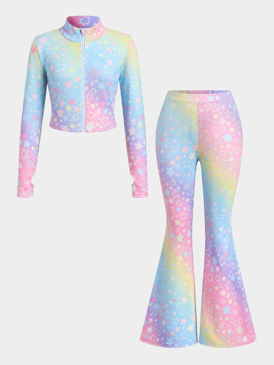 SHEIN Kids Tween Girl Sporty Casual Daily Knit Solid Color Cardigan Jacket & Flared Pants Set Gradient, Stars, Colorful - Multicolor - View 1